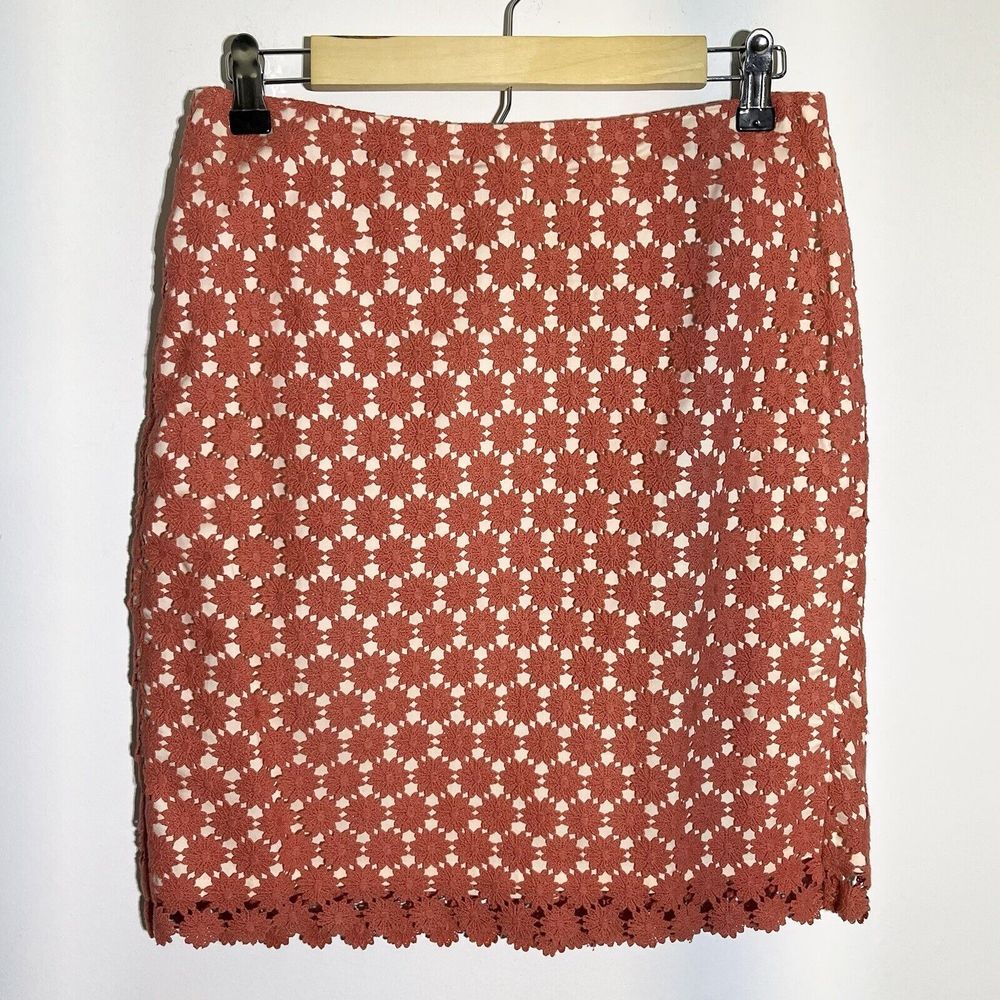 Talbots Women's 4P Coral Orange Pink Daisy Crochet Lace Straight Pencil Skirt